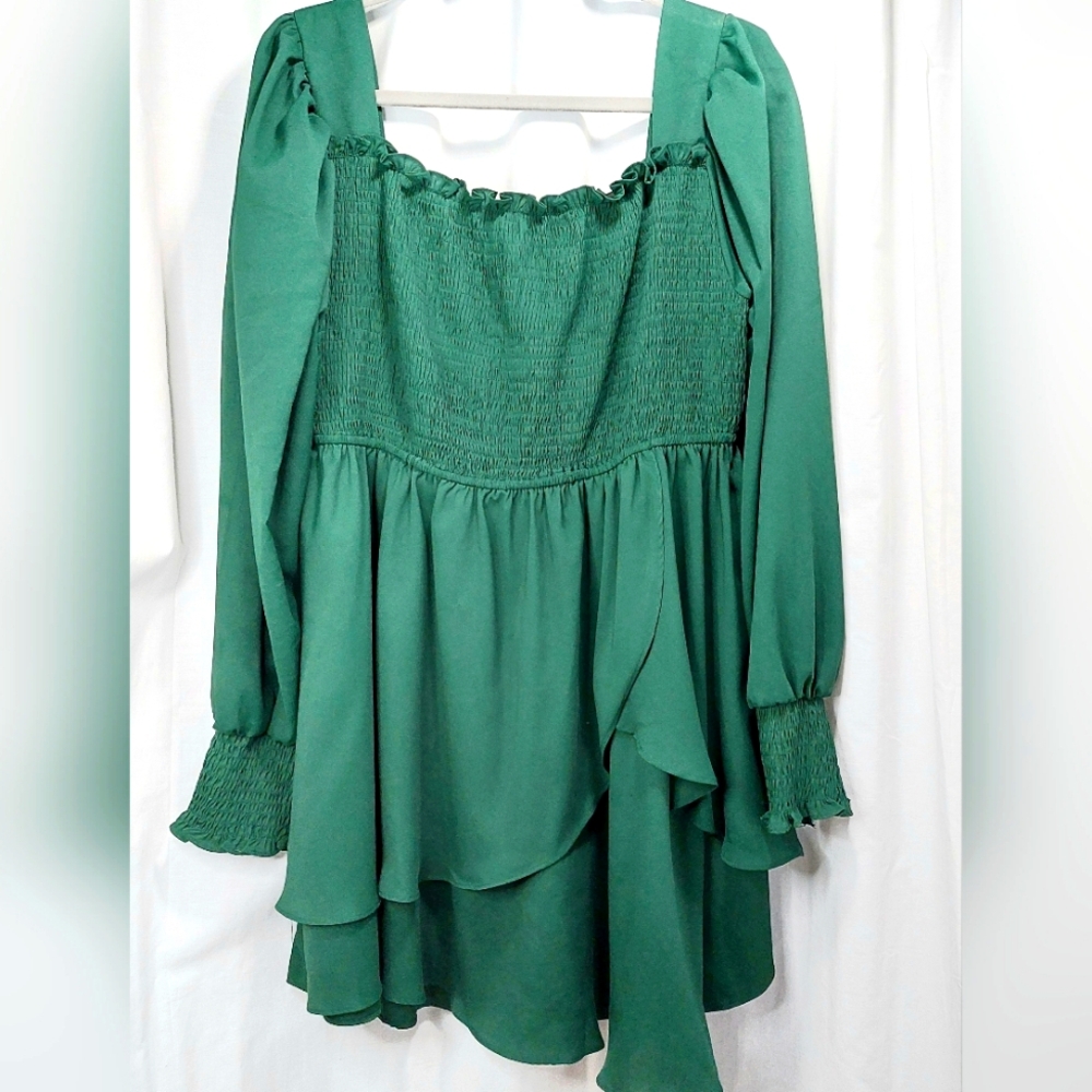 Women Summer Flutter Long Sleeve Smocked Elastic Waist‎ Dark Green Midi Dress XL